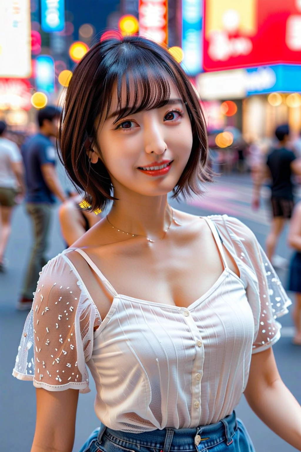 8k, masterpiece, RAW photo, best quality, photorealistic, extremely detailed CG unity 8k wallpaper, Depth of field, Cinematic Light, Lens Flare, Ray tracing, (extremely beautiful face, beautiful lips, beautiful eyes), intricate detail face, ((ultra detailed skin)) 1girl, in the dark, deep shadow, pretty hinata hyuga,(very slim slender fit-muscled body:1.3), ((looking at viewer)),(big smile:1.3), (night, (neon sign), (blurry background), midnight, (without people in the background:1.3), white diamond earrings, bracelets, necklace, clear eyes, walking , front shot, (pale skin), face forward, (big eyes), full body shot, ((see through blouse)), (hot pink color blouse)), ((laced skirt)), (looking at viewer:1.3), very slim, huge breasts, no bra,Hermes bag, mini skirt, updo hair, short hair, teeth