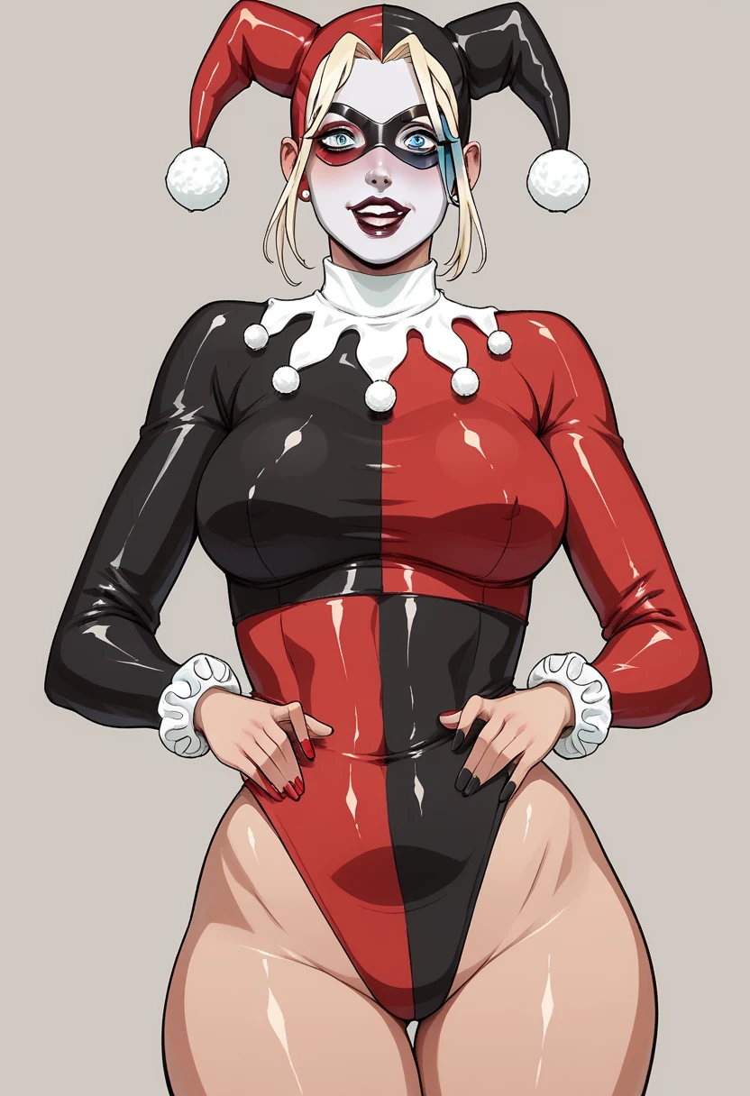 A beautiful girl beautiful attractive big breast long bright blonde curling hair her blue eye red lip she dresses red corset blue stripe shows navel wide sexy curve and her short black shorts for transparent black net socks