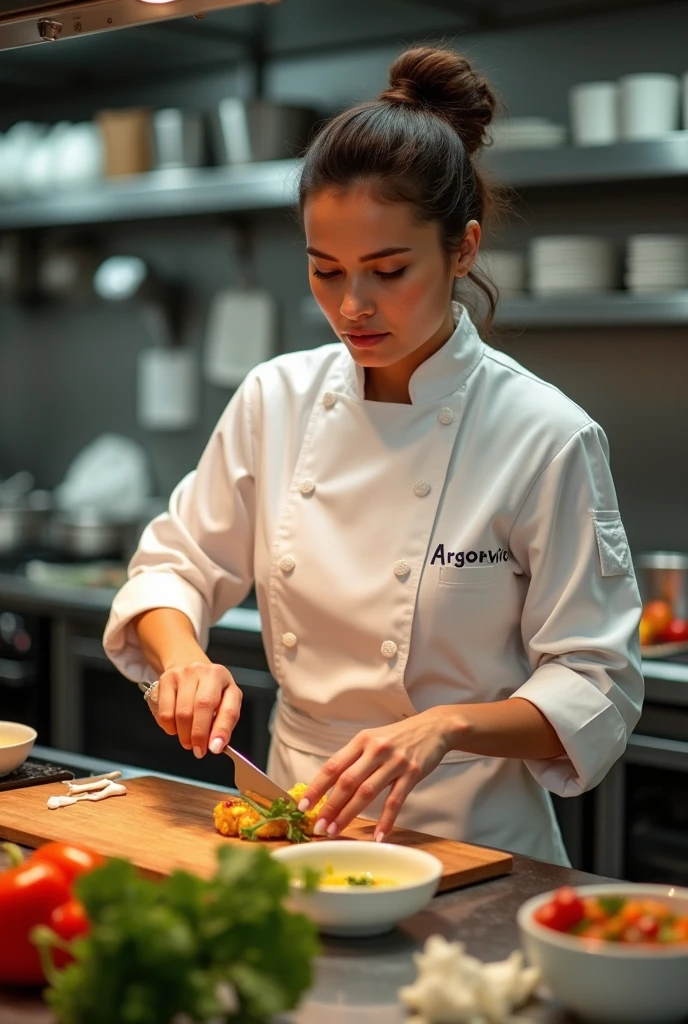 Cook's outfit,The beautiful 45-year-old is a top French chef, and today she cooks in the kitchen of a first-class hotel. She is perfectly dressed in the uniform of a top chef,Full body image from head to toe,she has a dark brunette One-length straight long bun hair,cinematic photography, color, psychologically-charged, muted colors, natural lighting, melancholic, disturbing, surreal, professional photo, she is very glamorous figure,mature's super realistic body and skin,sagging huge bust,super artistic Photographer's portrait,and this portrait is done with artistic shadows and angles.the hotel's spacious kitchen, and there are many chefs.sagging huge bust,very plump mature sexy body,