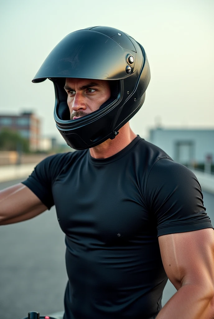 A muscular man wearing a fully covered motorcycle helmet ,without clothes and naked showing his 24cm penis