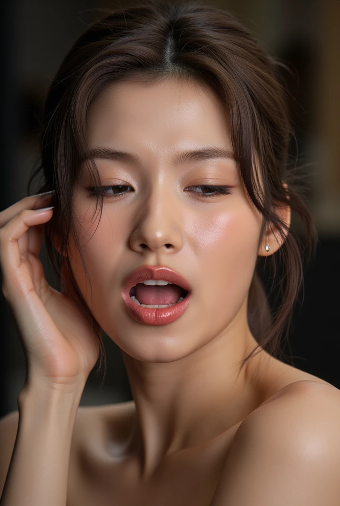 ((Night, Real Light, Top Quality, 8k, Masterpiece: 1.3)), Normal Body Shape: 1.4, (Brown Hair, Colossal: 1.8), nude, BLACK PINK LISA,Asian face, very fair skin, nipple, yawning, Close your eyes, Her breasts are being licked, Intense movement, Ultra Detailed Face, Detailed Eyes, Double Eyelids, young face, Wiggle your body, too much movement, Grandpa puts tongue on her nipple,