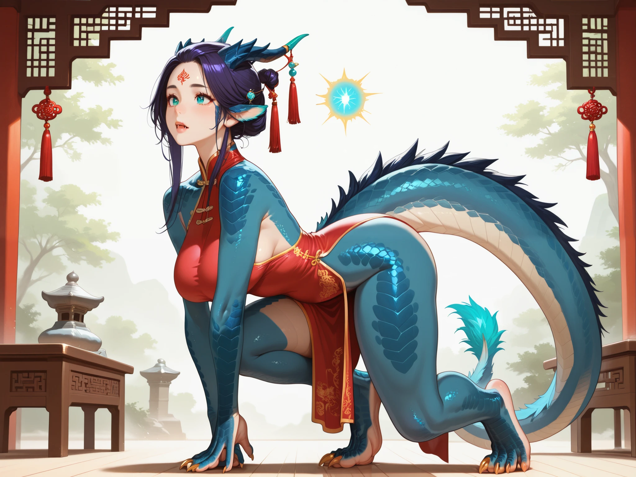Girl is hybrid of the dragon. She has indigo blue/black straight shot hairstyle, her bangs are pinned up and pulled back. She has green/turquoise eyes with narrow pupil. she has 4 curved branched horns are located on the forehead. She has long pointy blue fluffy dragon ears. She has long mighty scaly dragon tail with black mane along the spine and black fluffy tassel on tip of her tail. On her skin fully covered with indigo blue/azure scales with Nazar pattern. She has her hands fingers and feet toes she has long golden claws. She has red stripes tattoos on her face , and all over her body. Her lips navi blue, she has a gold sharp fangs. She's wearing a red qipao. She's barefoot. She walks in the garden of the oriental temple high in the mountains.