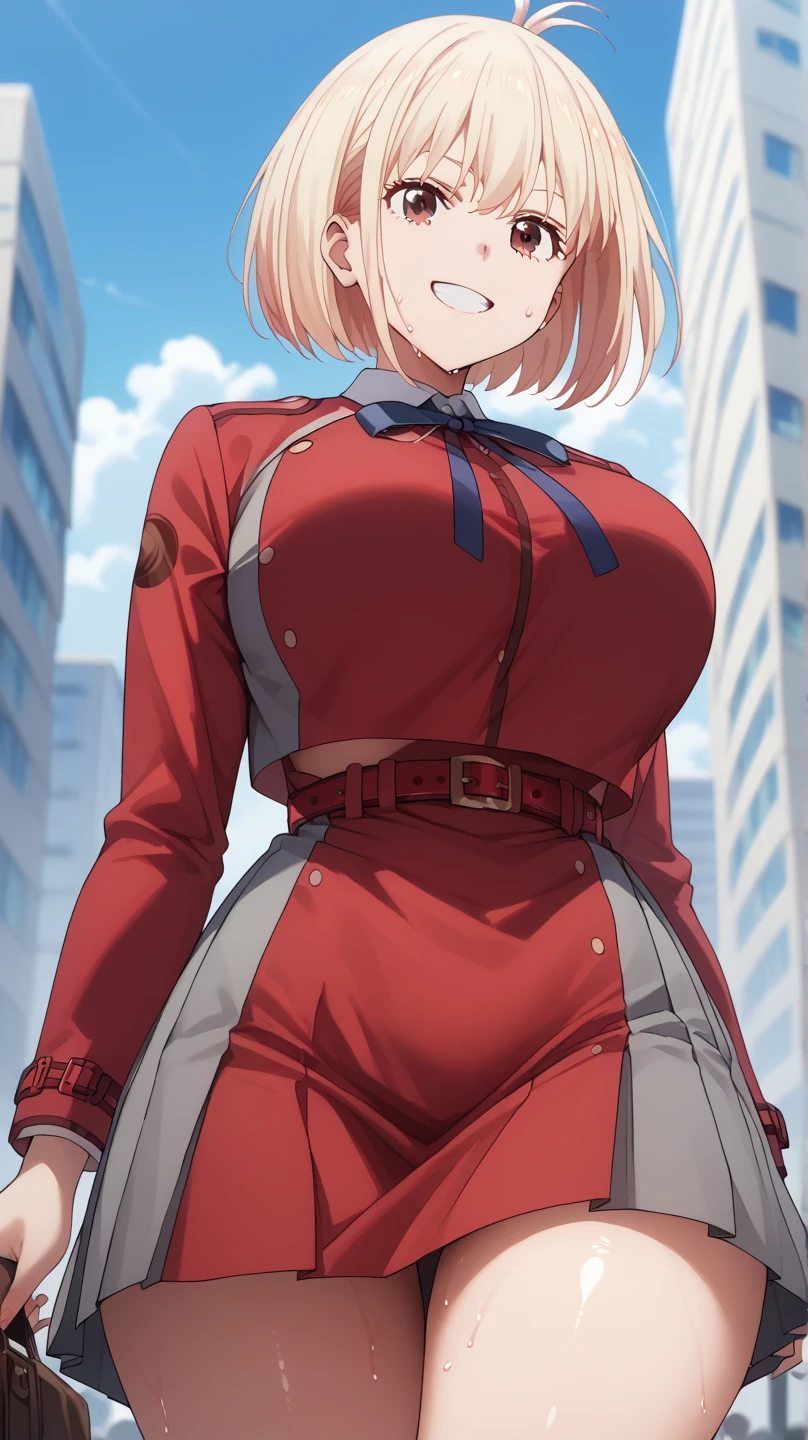 High resolution, Hellsing Ultimate art style, Seras Victoria, 1girl, ((bimbo))), short blond hair, red eyes, puffy lips, thick lips, wide hips, thick thighs, enormous round fake breast, huge ass, large voluptious ass , cute face, shy, girlfriend, blushing, tight police uniform, tight top, squishy breasts, soft breasts, breasts squeezed together, close up,