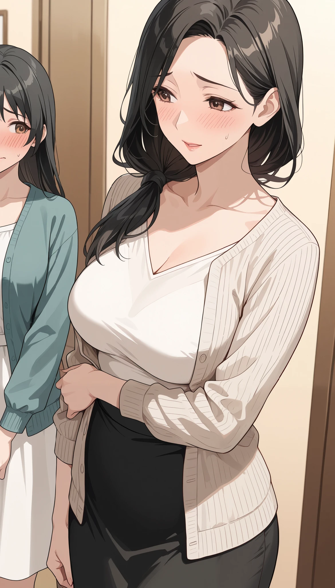 adult woman, housewife, black hair, brown eyes, long hair, chest, white dress, open sweater, black skirt, milf, embarrassed, soft light, very detailed, top quality,A look of shame on his face,