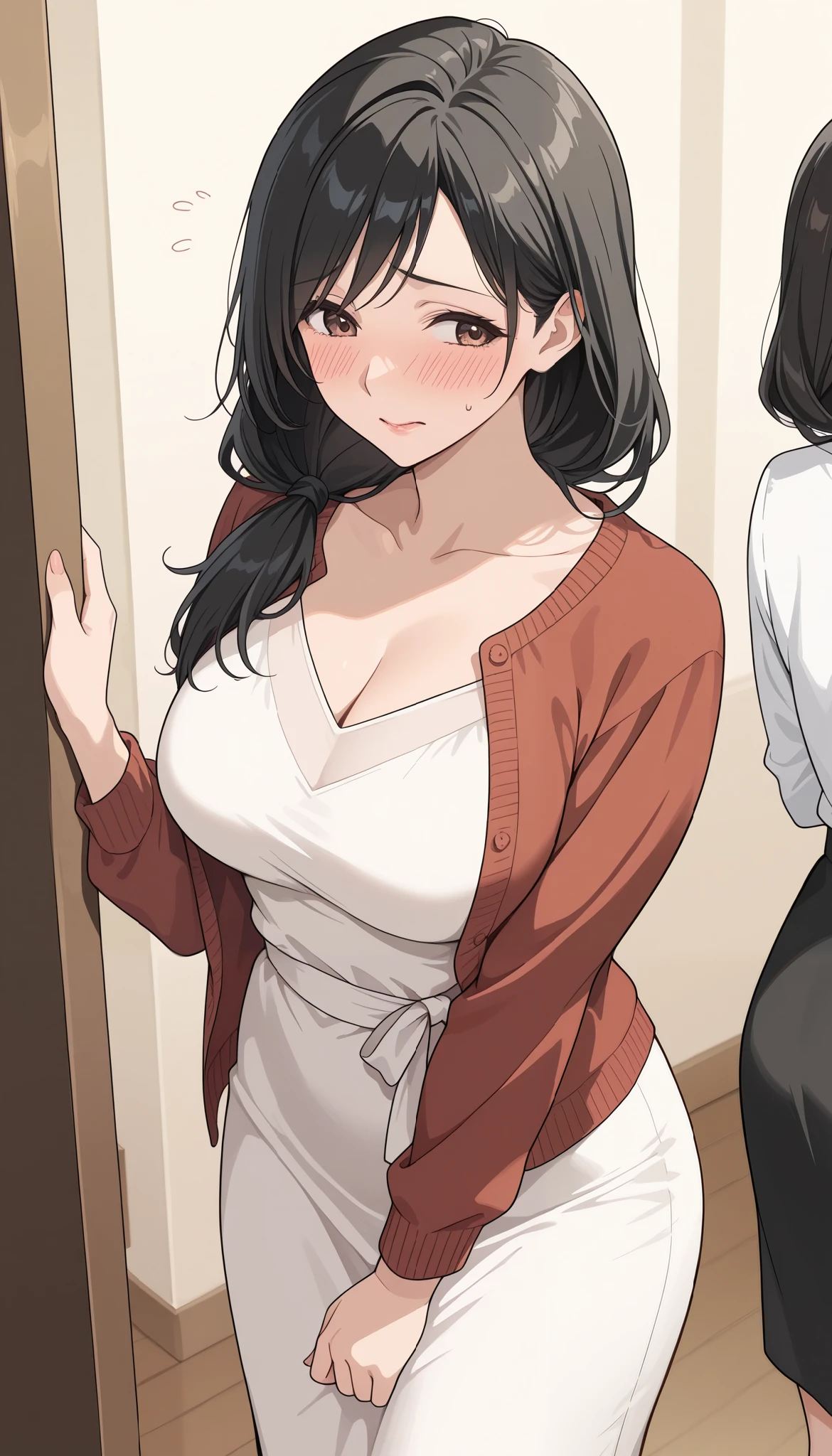 adult woman, housewife, black hair, brown eyes, long hair, chest, white dress, open sweater, black skirt, milf, embarrassed, soft light, very detailed, top quality,A look of shame on his face,