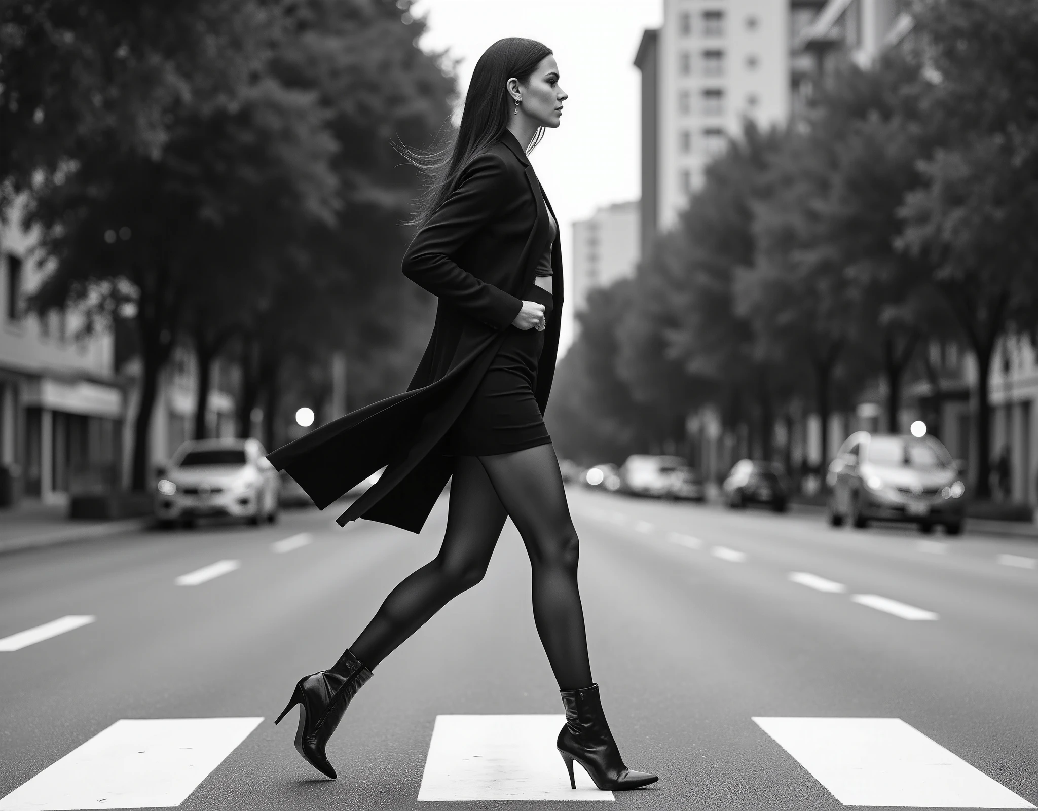 Create a professional black-and-white side-shot photograph of a striking woman mid-stride as she confidently crosses a pedestrian crosswalk in an urban, tree-lined street. Her profile is elegantly defined, with a determined expression and focused gaze conveying a sense of purpose. Her sleek, straight black hair flows subtly with her pace, adding dynamic energy to the frame. She wears a stylish ensemble consisting of a chic miniskirt paired with sheer black tights, accentuating her long, graceful legs. A fitted coat or blazer complements her look, emphasizing both sophistication and modernity. Her footwear—elegant ankle boots or classic high heels—adds to the refined aesthetic, reinforcing the image of a fashion-forward, cosmopolitan woman. The setting is a beautifully composed urban scene with a tree-lined street and buildings subtly blurred in the background, creating depth and emphasizing the subject. The crosswalk serves as a natural leading line, guiding the viewer’s eye along her path and enhancing the sense of movement. The overcast sky diffuses soft, natural light across the scene, producing rich tonal contrasts between deep shadows and luminous highlights. The monochrome palette enhances the textures and interplay of light, emphasizing the contrast between the dark tights and the bright crosswalk lines. The photograph boasts exceptional depth of field, ensuring the model remains crisply in focus while the background retains a slight blur, adding to the cinematic quality. This high-fashion editorial-style image blends street photography with a modern, sophisticated aesthetic, capturing an effortlessly stylish woman navigating the city with confidence in a striking side-shot composition.