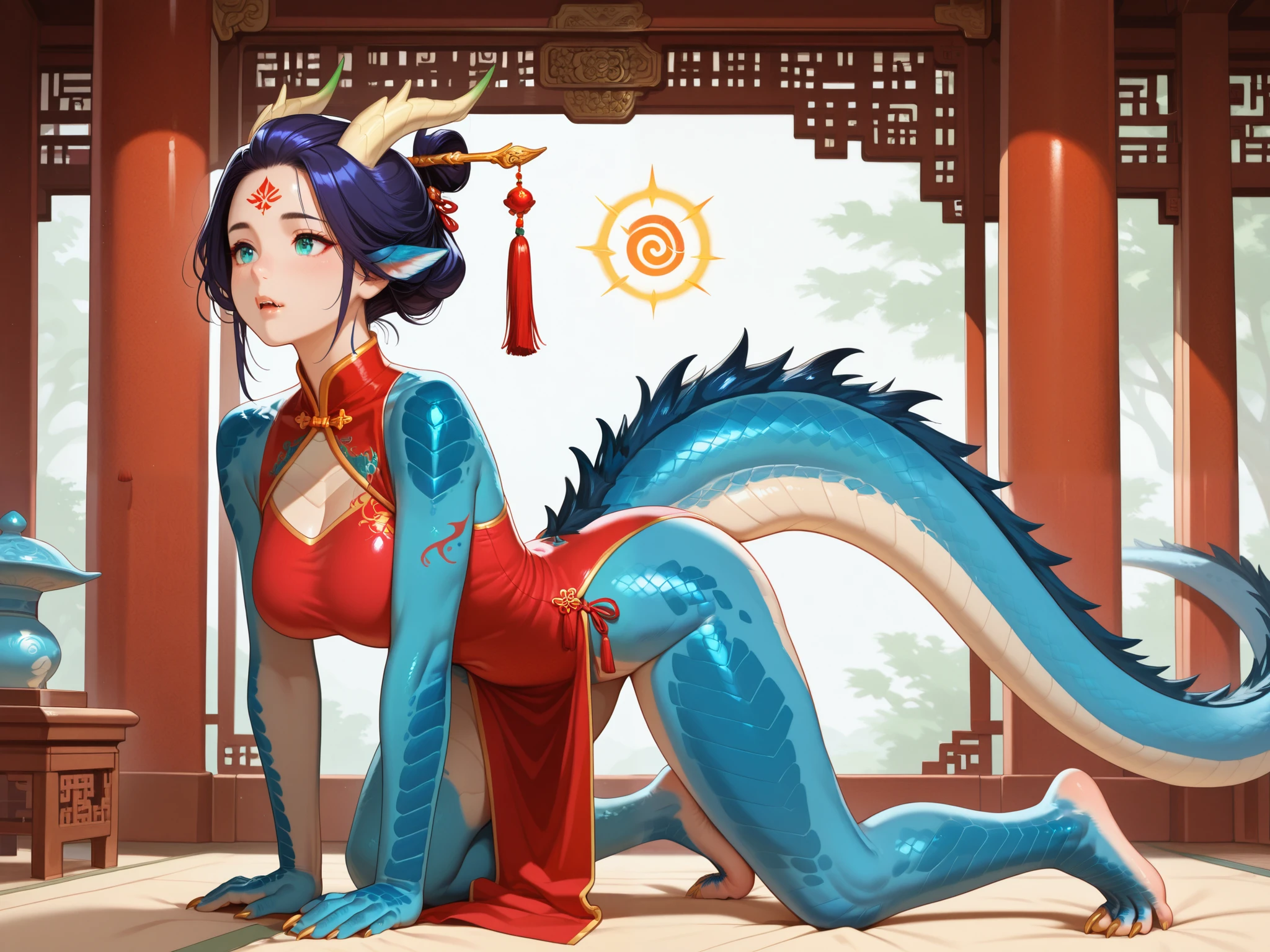 Girl is hybrid of the dragon. She has indigo blue/black straight shot hairstyle, her bangs are pinned up and pulled back. She has green/turquoise eyes with narrow pupil. she has 4 curved branched horns are located on the forehead. She has long pointy blue fluffy dragon ears. She has long mighty scaly dragon tail with black mane along the spine and black fluffy tassel on tip of her tail. On her skin fully covered with indigo blue/azure scales with Nazar pattern. She has her hands fingers and feet toes she has long golden claws. She has red stripes tattoos on her face , and all over her body. Her lips navi blue, she has a gold sharp fangs. She's wearing a red qipao. She's barefoot. She walks in the garden of the oriental temple high in the mountains.