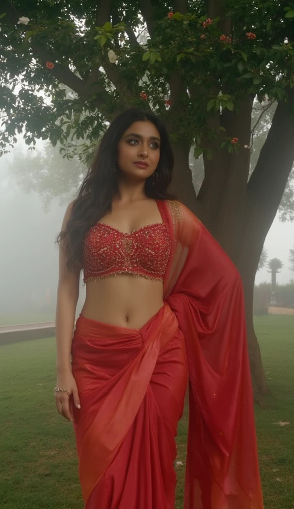 Create a  full image of a sharp face   cute and lovely indian women age is 16  years old ,she have  big emerged    and Slim waist , looking so pretty  ,model and Indian cultured 
And she wears a red lehnga ,white  sneakers, body looks hot sexy , background   staning on the mall stairs ,night view  ,textured skin realistic and looks like a indian girl.
