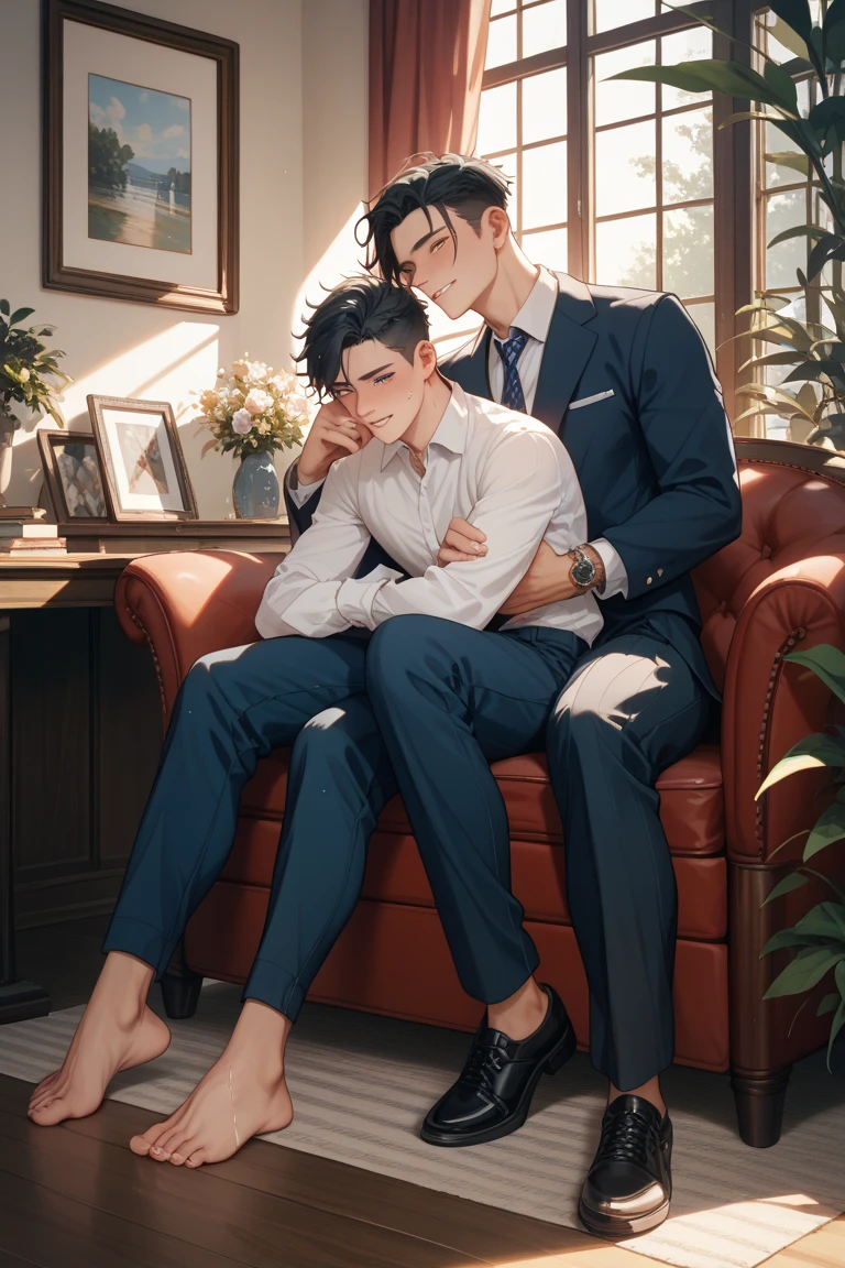 2 hombres, cuerpo completo, vello facial rapado, 2 drunk guys sleeping on the couch, 2 hombres acostados, un hombre chupando el pene del otro hombre borracho, piernas abiertas, solo usar ropa interior, bulto grande, enorme_, mostrando pectorales y abdominales completos, mostrando sexy_Blanco_Translucent_Underwears, wet dreams, Great erection, bulto grande, Translucent black socks, pornographic
