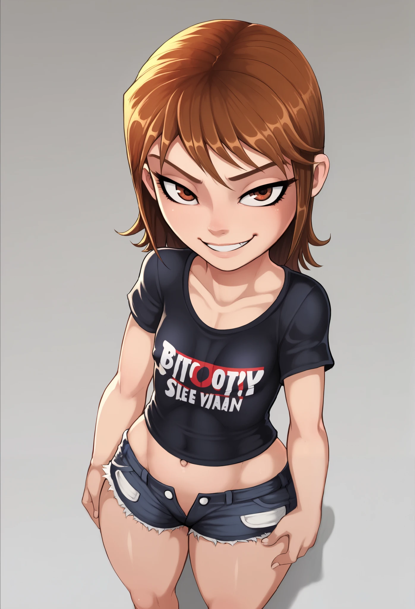 shadcom, shadman, score_9, score_7_up, 1girl, solo, wearing T-shirt, and some shorts, presenting, curvy, litte girl, very short girl, d, solo, medium brown hair, brown eyes, , age difference, innocent, ish, bratty, immature, juvenile, younger girl, 120 cm tall, from above, ish face, shortstack, tight body, seductive smile, presenting, simple background, tiny breasts, tiny nipples, flat chest, breasts are covered underneath clothing,