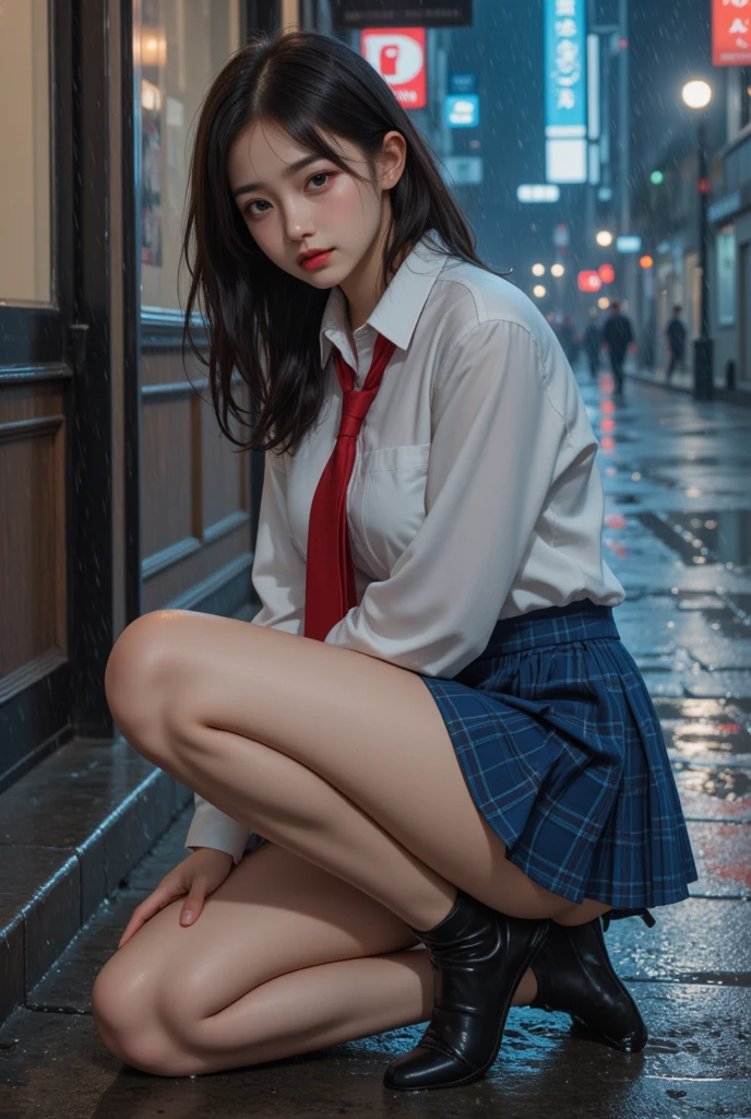(Raw photography、top-quality、​masterpiece:1.2、realisitic、Photorealsitic、highcontrast、photon maping、photon maping、Photorealsitic、ultra-detailliert、profetional lighting、low angles:1.2)、(1 girl in)、(独奏:1.5)、(full body Esbian)、(Height is 165 cm)、(18-year-old schoolgirl)、(Shinjuku at night Japan)、(Sidewalk lined with shops)、(Japan high school uniform and designated shoes)、(Dark blue blazer:1.2)、(short plaid skirt:1.5)、(White shirt for students)、 (neck tie:1.2)、(Looking at the front and squatting with the crotch open)、(The skirt is flipped up)、(ＭCharacter opening leg)、(opening legs)、(crotch open:1.2)、(Light brown medium hair)、(See-through wet white panties:1.5)、(cammel toe)、(Black loafers:1.5)、(beauitful face:1.3)、(perfectly proportions:1.2)、(Long feet:1.2)、(Big breasts:1.3)、(Panties can be seen from under the skirt:1.8)、(Textured skin)