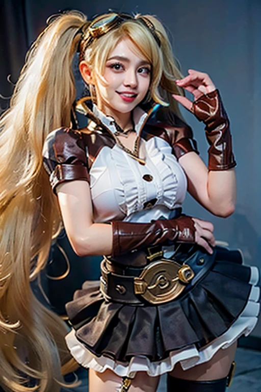 （lifelike， high - resolution：1.3），1Indonesian_girl_face with a perfect body， Super fine face and eyes，slong hair， Tank top with over very low cleavage：1.2， short jeans， big boob，Expose cleavage , solo, goggles, long_hair, thighhighs, breasts, gloves, goggles_on_head, twintails, blonde_hair, fingerless_gloves, cleavage, very_long_hair, striped_thighhighs, corset, huge_weapon, striped, boots, steampunk, cleavage_cutout, skirt, garter_straps, vertical-striped_thighhighs, vertical_stripes, weapon, large_breasts, clothing_cutout, full_body, Super fine face and eyes，slong hair， Tank top over low claveage ：1.2， short jeans， big boob，Expose cleavage
