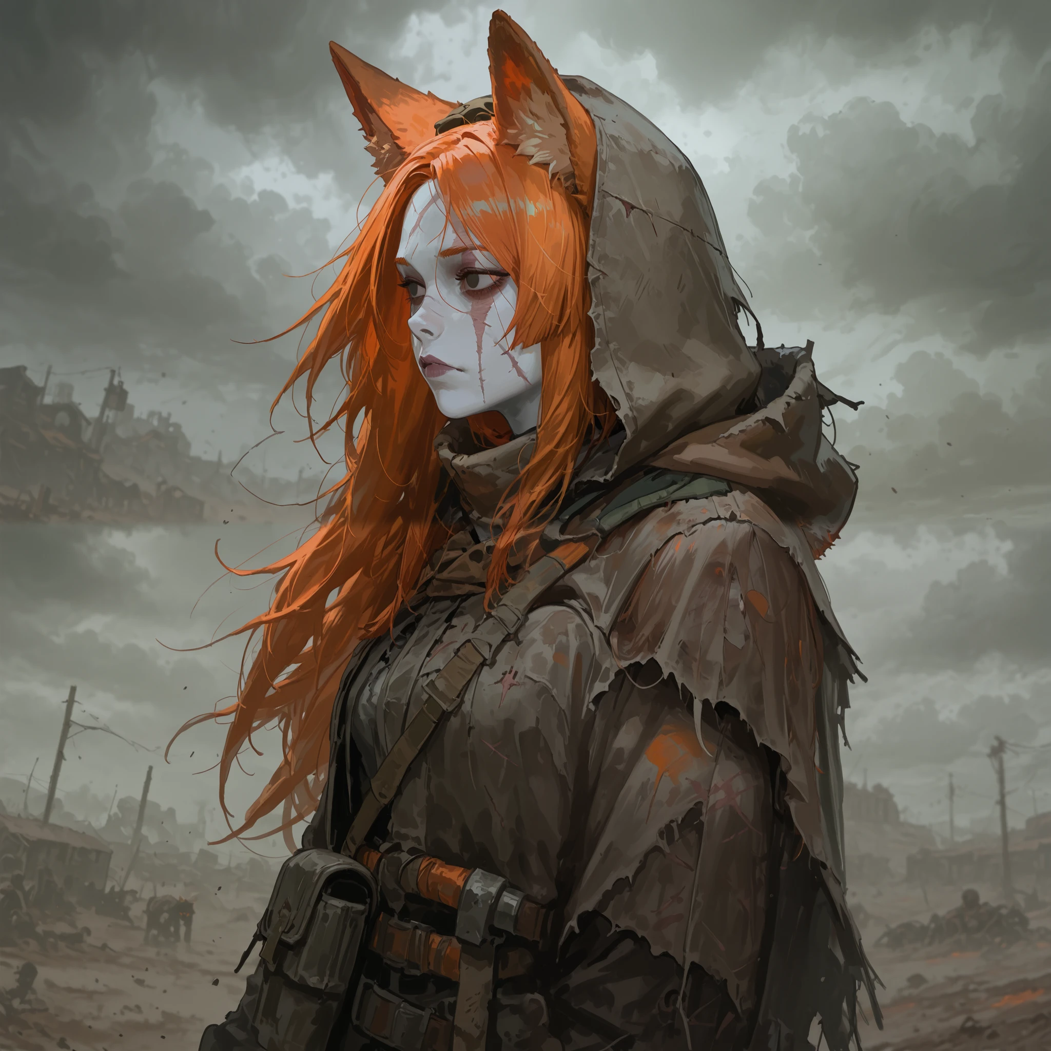 zombie undead girl, scar on face, ginger orange hair, fox ears, white skin, cloudy eyes, wearing a post apocalypse clothing, wasteland background