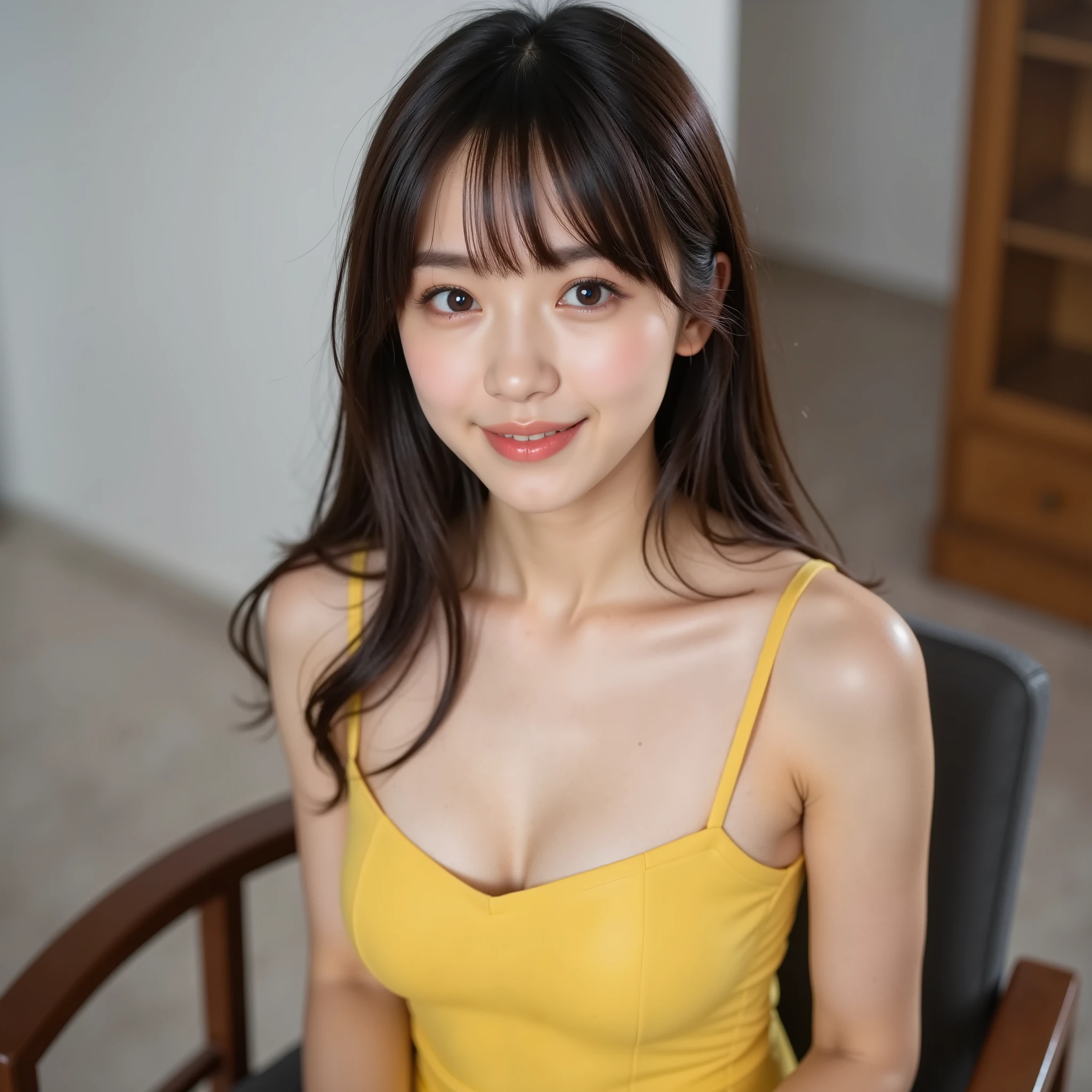 ((photo studio:1.2)), smile,(realistic,realistic:1.37),(masterpiece),
(Highest Quality:1.4),( super high resolution :1.2),(RAW photo:1.2),
(sharp concentration:1.3),(((upper body,is sitting on a chair:1.2))),elegant, 20 year old beautiful woman, beautiful、Smooth Skin , pretty face ,
(shiny yellow camisole mini dress),bungs , long hair, Pretty Face Contour, Extremely Beautiful Japanese Woman,(gentle smile),(long hair,Hair shines:1.3), shot from above, beautiful delicate eyes, viewer,makeup, (Big Breasts), thigh,