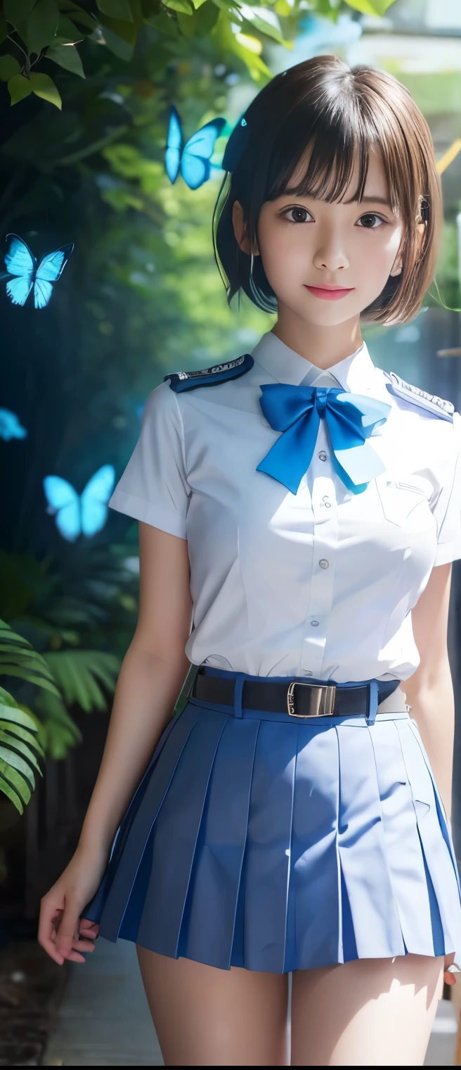 pure idol girl(short hair)、A pure girl's face、 hypo、 white uniform (pleated miniskirt、website)、Blue butterfly belt、Glowing candy butterfly garden、