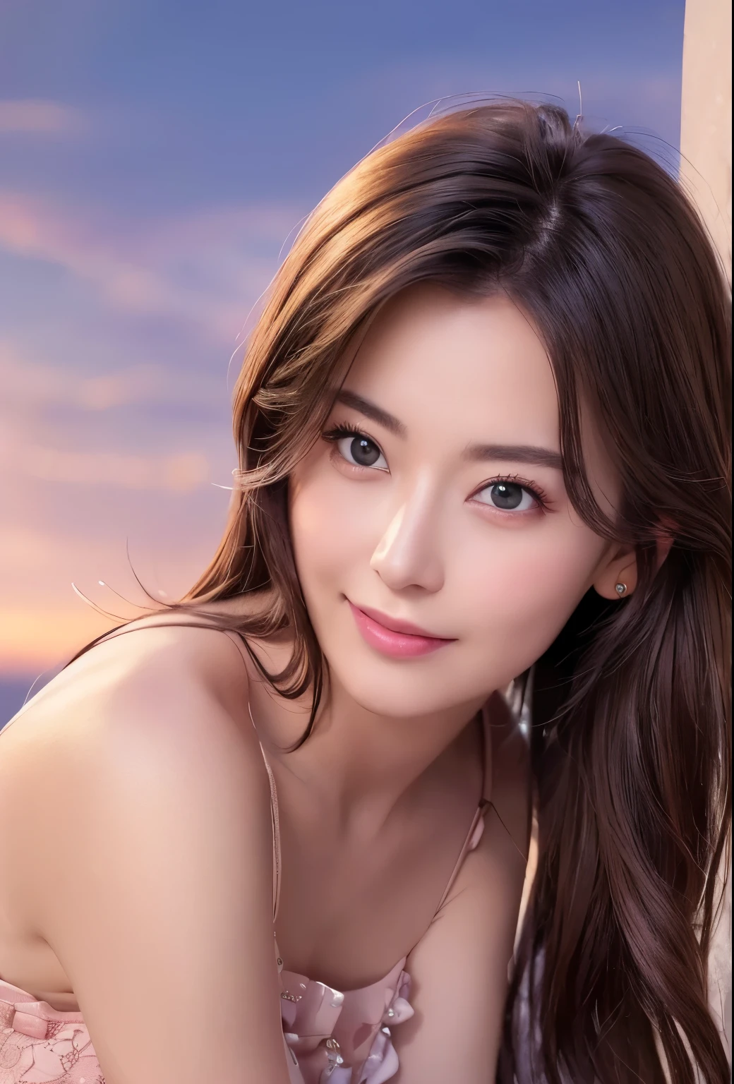 (8k, top quality, masterpiece: 1.2), (realistic, photorealistic: 1.37), super detailed, girl single, cute, solo, midnight, beautiful detailed sky, detailed café, sitting, date, (blush), (smile: 1.15), small breasts (mouth closed), beautiful fine eyes, floating hair NovaFrogStyle, back open dress