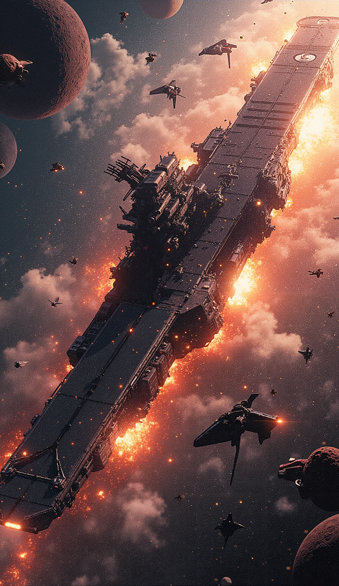 top quality, Super quality, 16k, unbelievably absurd, very detailed, Yoshiki Tanaka's masterpiece, outer space, Legend of the Galactic Heroes, Yoshiki Tanaka's masterpiece, outer space, Legend of the Galactic Heroes, Space Battleship, Space Battleship destroyed by enemy fighter heavy attackk