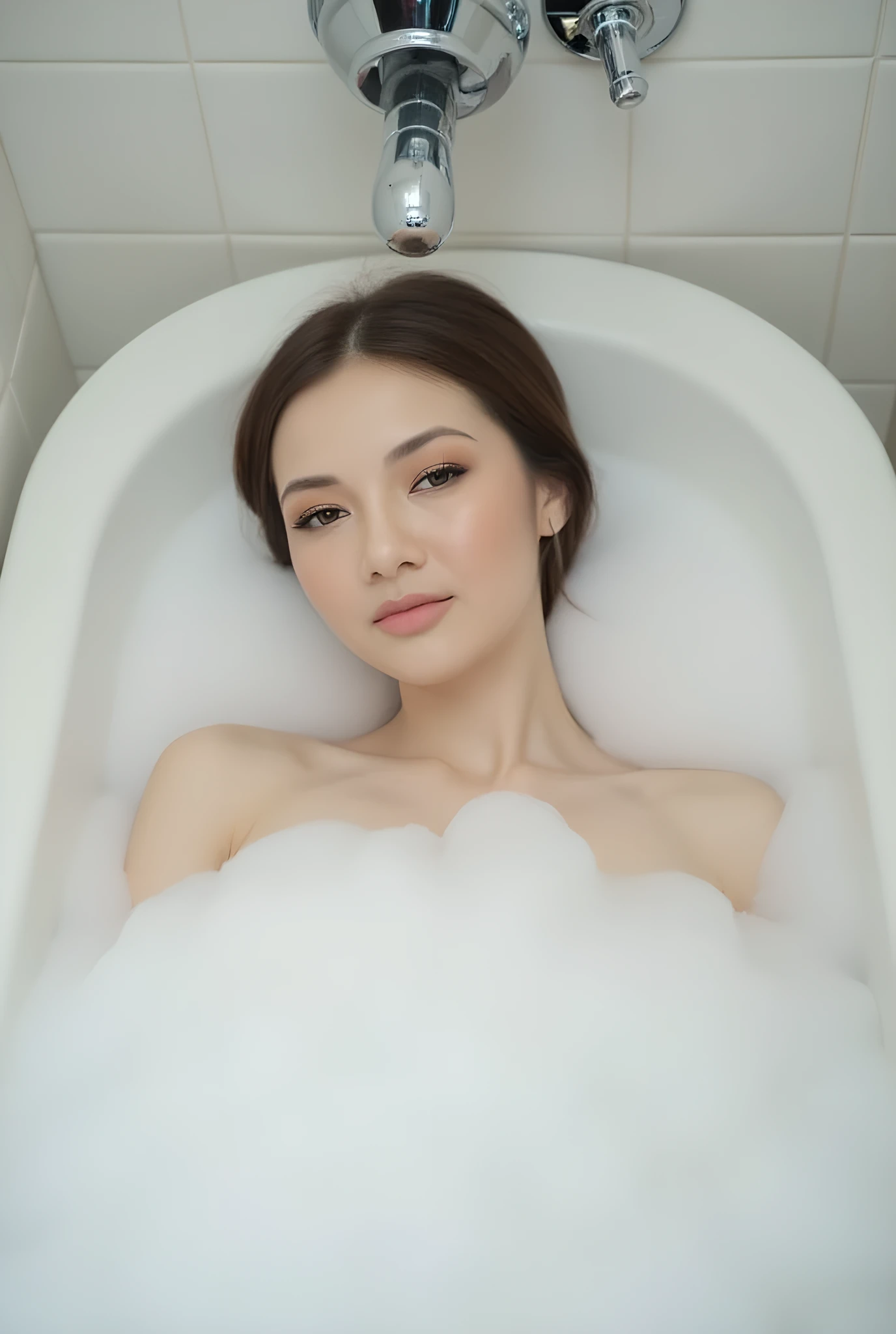 A woman soaking in the bathtub and her are completely covered by the foam leaving only her head and shoulders visible. The view is from the top and she is looking at the viewer