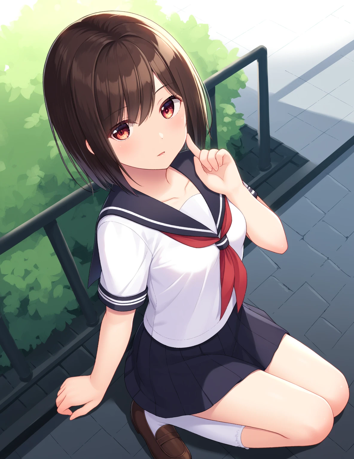 学校の運動場、ベンチに座る、正面からの構図、(masterpiece, best quality:1.2),illustration,8k,hd,1girl,solo,upper body,(portrait:1.2),brown_hair,folded_ponytail,brown_eyes,serafuku,long_hair,school_uniform,skirt,pleated_skirt,