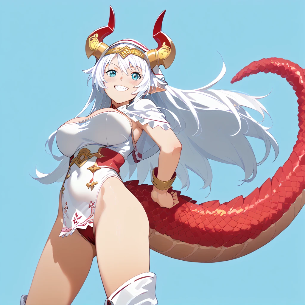 Busty female reptile，With shiny white scales. Wearing a simple and sleek red bikini armor. . Brass knuckles on both hands，Posture straight，Full body portrait，Expression smile