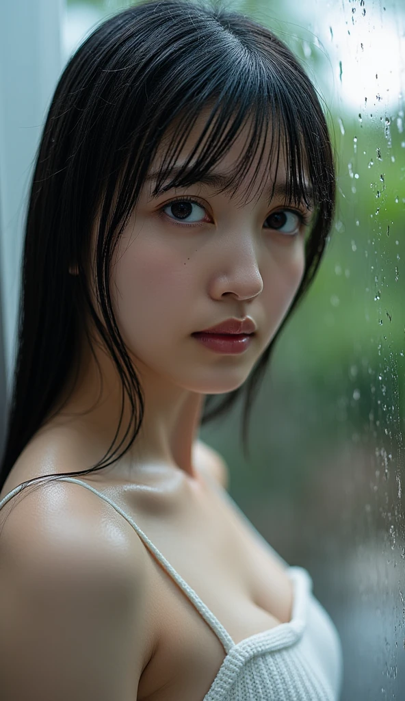 (Top Quality, 8k, Masterpiece: 1.3), ((Beautiful japanese high school student)), Female 1 Person, (Breasts, Attractive Body: 1.2), Abs: 1.1, Dark Brown Hair: 1.1, (Wet Rain, Wet Body: 1.1), Ultra High Detail Face, Detailed Lips, (closed eyes),