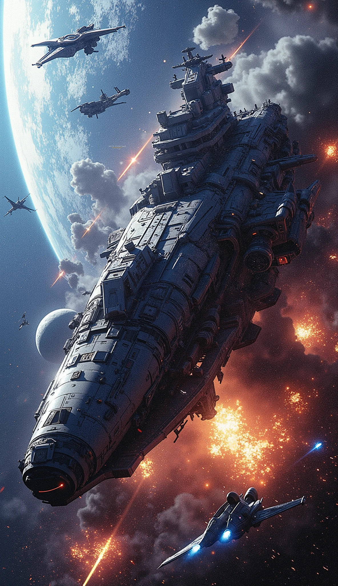 top quality, Super quality, 16k, unbelievably absurd, very detailed, Yoshiki Tanaka's masterpiece, outer space, Legend of the Galactic Heroes, Yoshiki Tanaka's masterpiece, outer space, Legend of the Galactic Heroes, space carrier, aircraft carrier destroyed by enemy fighter attackk
