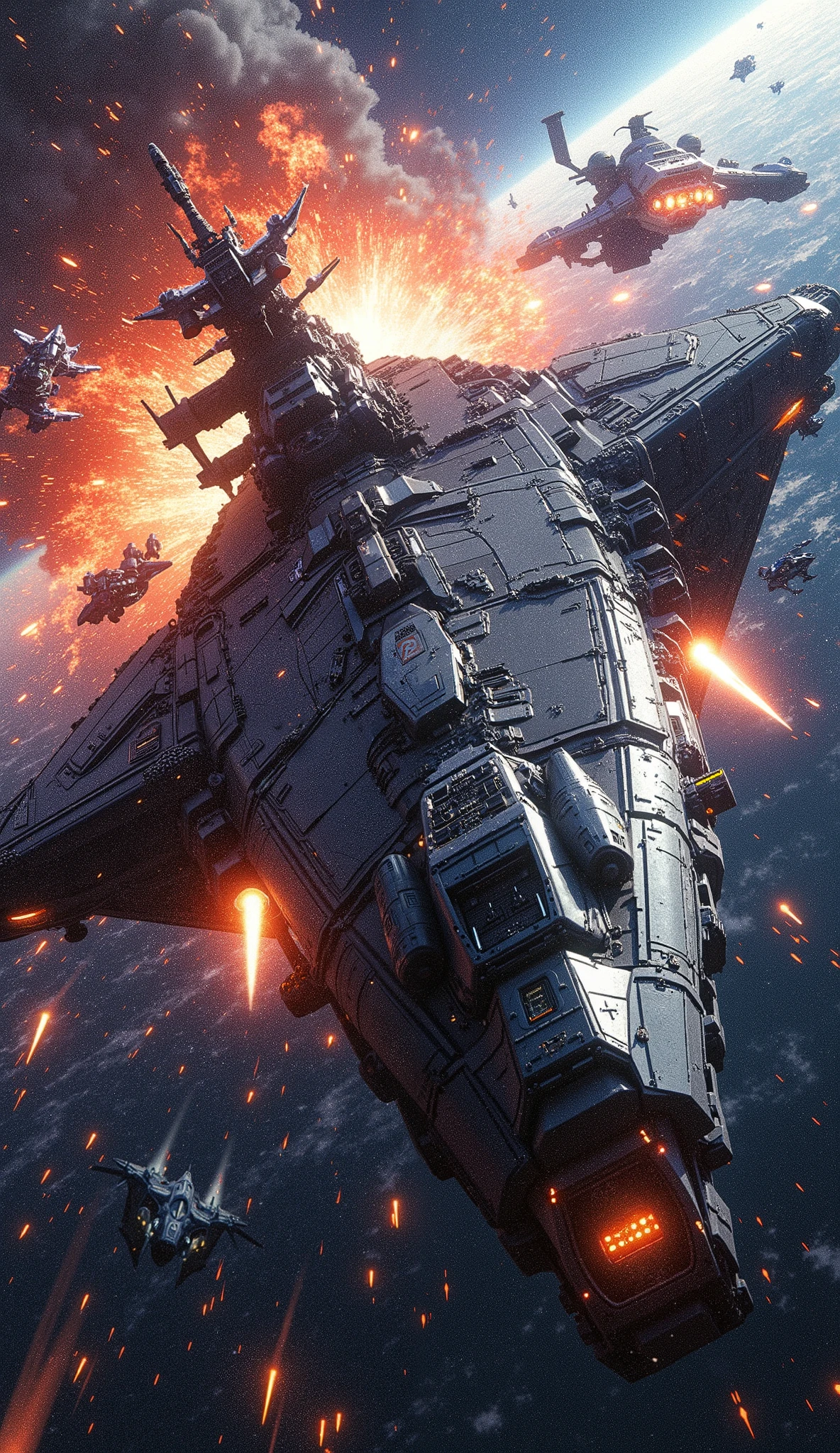 top quality, Super quality, 16k, unbelievably absurd, very detailed, Yoshiki Tanaka's masterpiece, outer space, Legend of the Galactic Heroes, Yoshiki Tanaka's masterpiece, outer space, Legend of the Galactic Heroes, space carrier, aircraft carrier destroyed by enemy fighter attackk