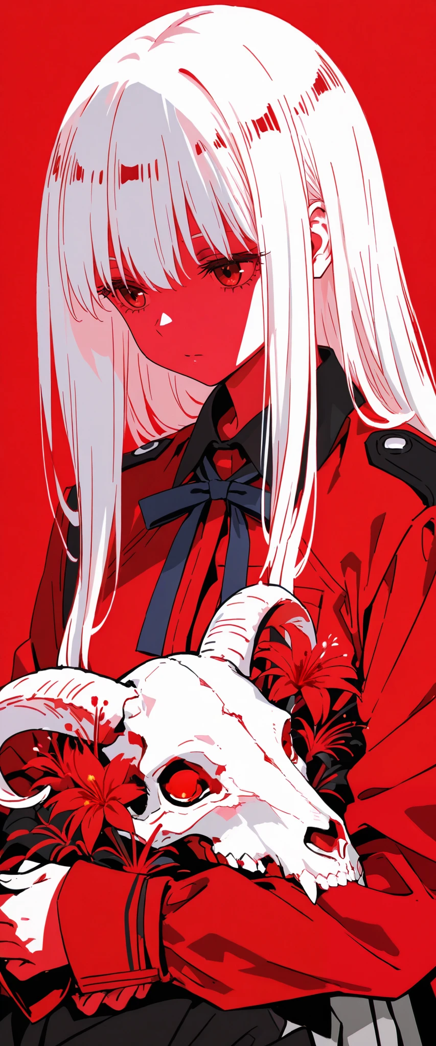 Masterpiece, Best Quality, flat color, limited palette, low contrast, 1 girl long straight white hair, Lycoris flower, Goat skull, (Red, black)