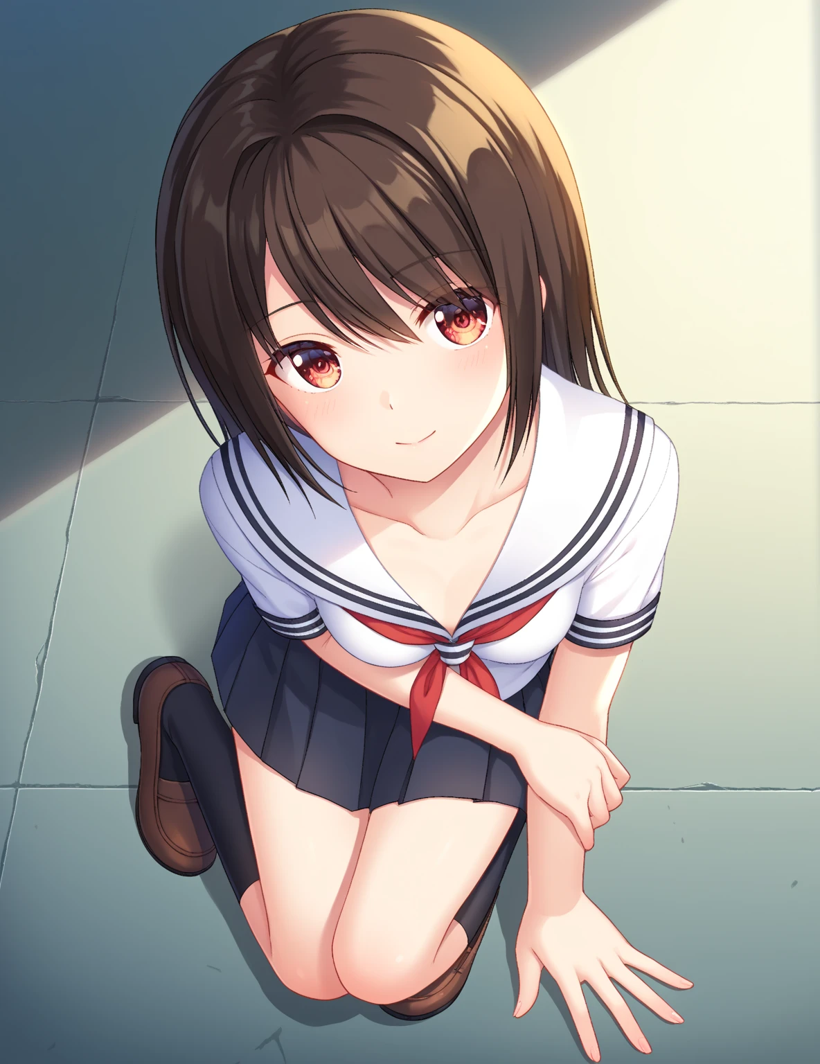 masterpiece、High resolution、Japanese Girls、、short、Please sit down、Show me your underwear、Cute light panties((school uniform、blouse、Check skirt))Spread your legs obscenely、Panties are digging in、Young Face、look forward to、ばだけたblouseから見える胸
