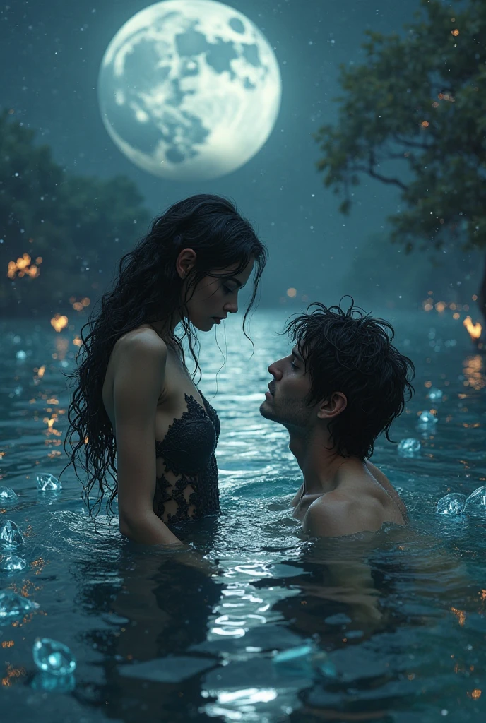 Create this scene: In the moonlit night, a man on a mini wooden boat, his features meticulously detailed for hyper-realism. He is engaged in an intimate embrace with a mermaid, her enchanting fish tail submerged, upper half leaning out. Beneath the surface, a haunting underwater graveyard reveals realistic skeletons. Stars twinkle in the vast night sky, and the moon casts a gentle glow, adding to the romantic tension. The water's surface, the boat, and every detail are hyper-realistic. A subtle breeze tousles their hair, creating a lifelike connection with the elements.