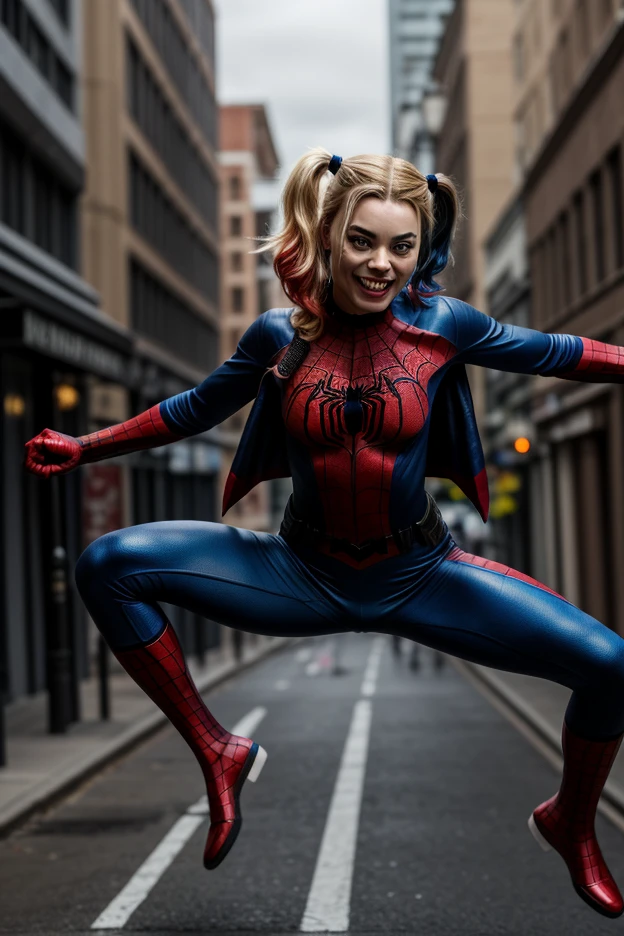 (joker) as (spider man), 1girl, long green hair, large breast, official art, unity 8k wallpaper, ultra detailed, aesthetic, masterpiece, best quality, photorealistic, dark theme <lora:lowra_v10:0.5> crazy smile, (open mouth) waist up