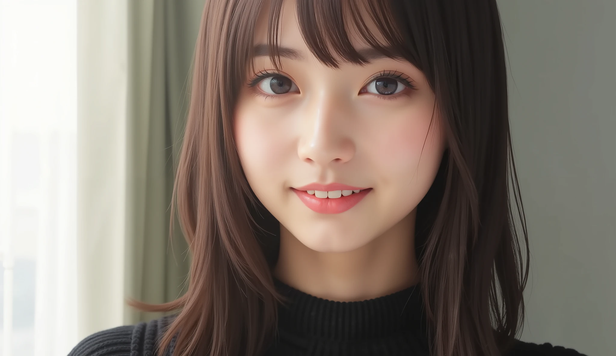 The face is positioned exactly in the center of the image , fully reflects the entire head , Face clearly visible、 black sweater, Hospital room, long hair、bangs, smile, young and cute japanese face , official art, high image quality CG Unity 8k wallpaper,Ultra high image quality , very well detailed, high image quality , Film Grain , lens flare glow , top quality ,8k, as a portrait shot ,8k, viewer , masterpiece,top quality ,very well detailed, it's cute , sexy,very well detailedな,Detailwear Features ,beautiful, illustration of a woman with a penis , beautiful Japanese woman, ladies 1 , Tight Chest