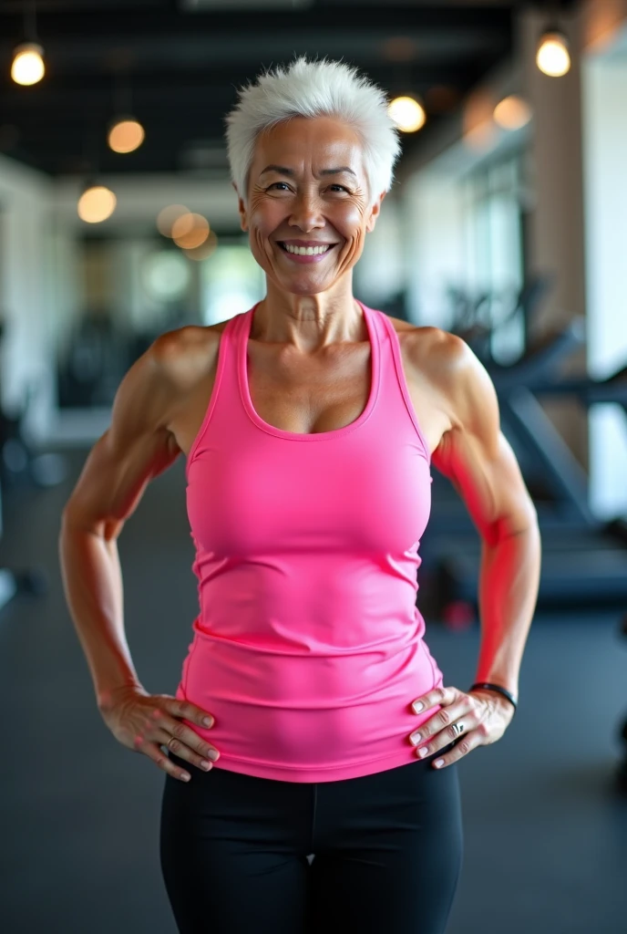 A woman with a normal body aged 56, curly hair, Brown skin,1 woman who owns a gym, standing alone, separated-lips, woman working out. doing exercise, red thong bikini, red one strap top, Beach clothes, in the background a gym, sprinting. jogging. Fitness, Gym, fitness attire