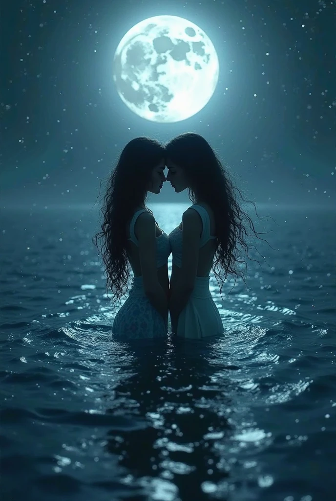 Two nude mermaid girls kissing in the ocean under a starry sky reflected in the waters all around them as the moon crescent moon rises over the horizon