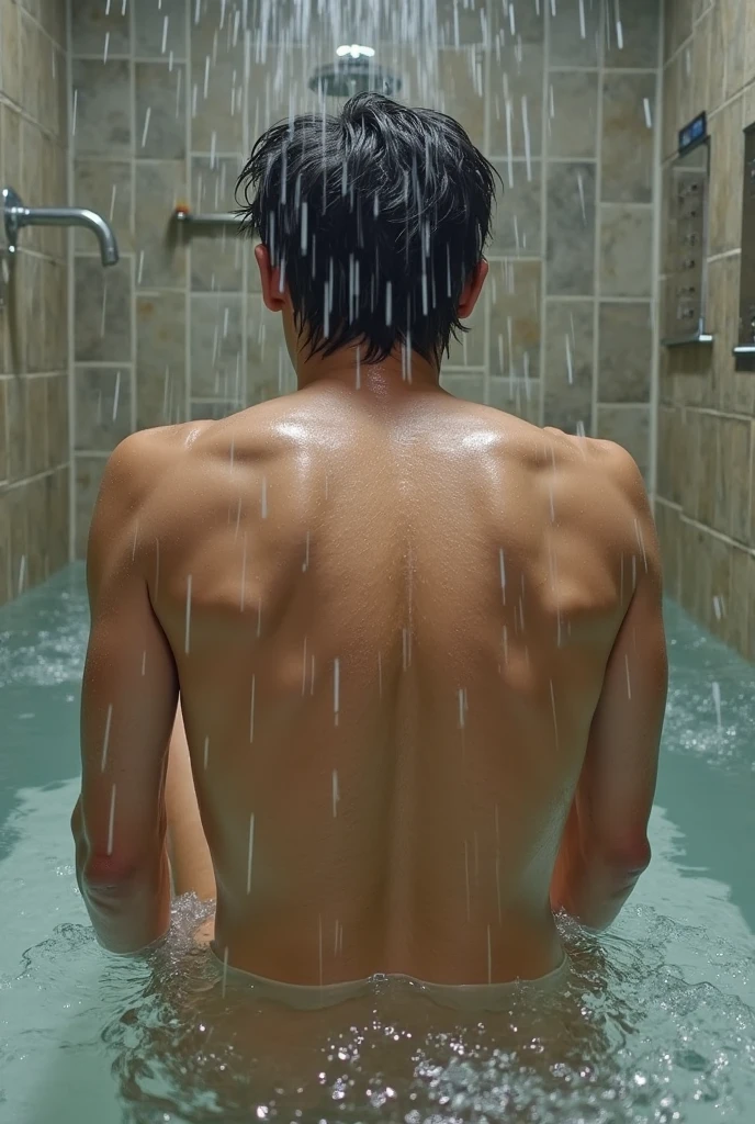Handsome Japanese man shampooing