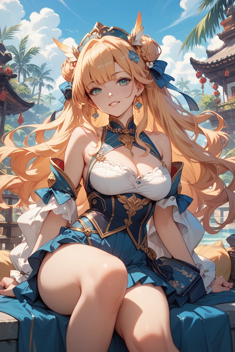 (((masterpiece))), (((best quality))), ((ultra-detailed)), (illustration), ((an extremely delicate and beautiful)), ((super detail)), ((high resolution)), (((20 years old))), metallic cloth, (cheerleader), (super heroine), (android), delicate metal decorations, gleaming skin, shiny body, two legs, breast focus, (((tall))), slender legs, ((big round eyes)), cute eyes, drooping eyes, ((adult)), two hands, five fingers, no extra hands, elegant smile, braid, ((metallic blue)), (see-through), (dark blonde), ((ultra-huge breasts)), (shining brightly), outdoor, mini skirt, daytime, ((biopunk)), (hair shorter than shoulder), (medium length hair), gynoid, (midriff-baring outfit), garden,