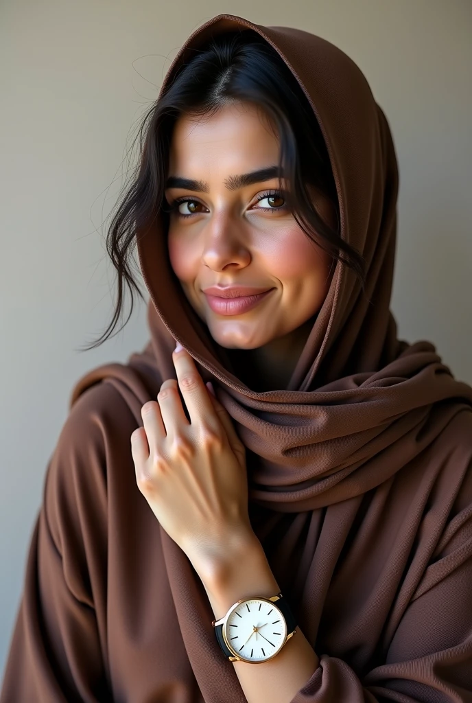 Middle East 33 woman with nude pink scarf brown smiley eyes portrait looking at camera beige summer chic shirts