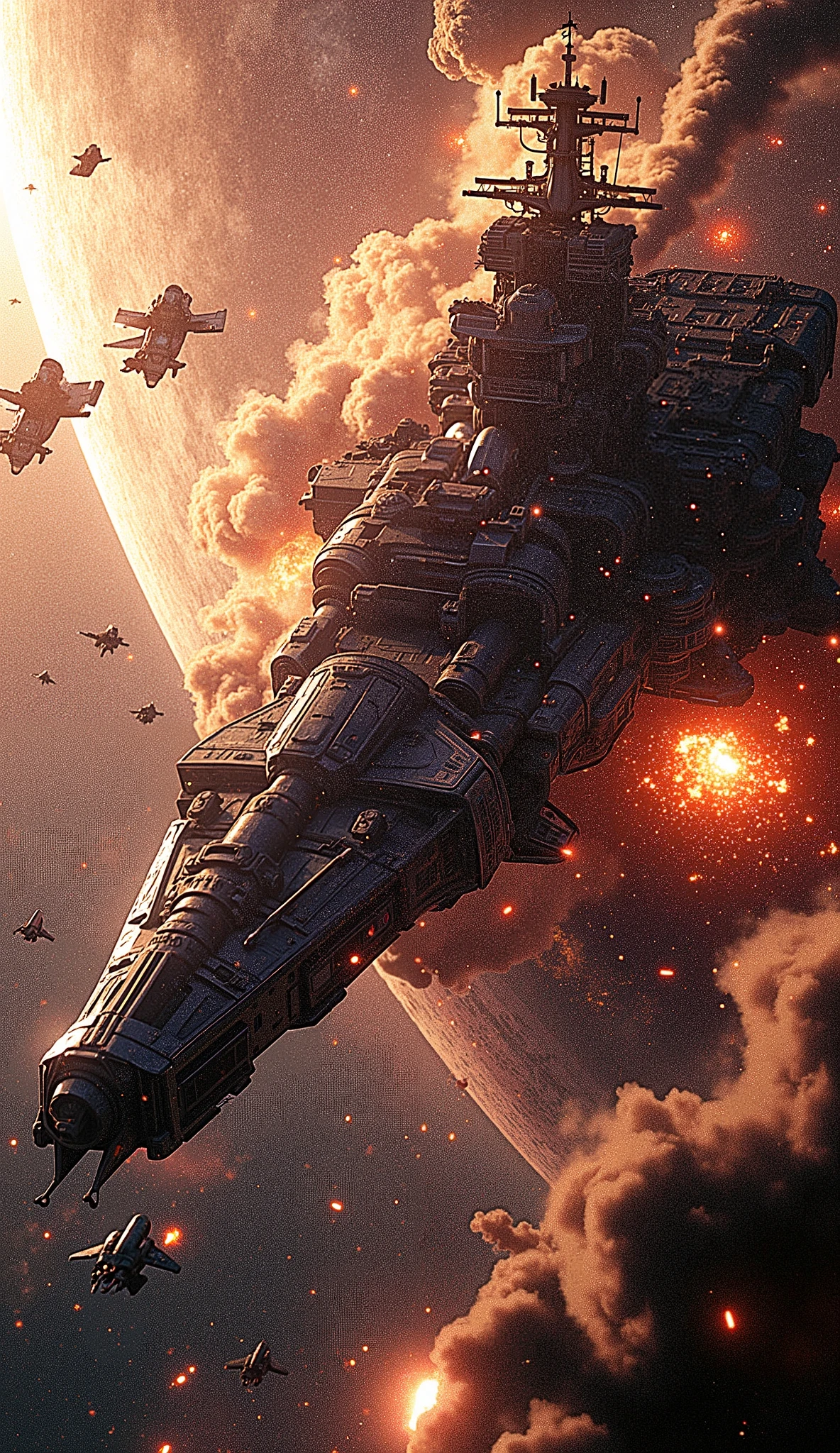 top quality, Super quality, 16k, unbelievably absurd, very detailed, Yoshiki Tanaka's masterpiece, outer space, Legend of the Galactic Heroes, Yoshiki Tanaka's masterpiece, outer space, Legend of the Galactic Heroes, Space Battleship, Space Battleship destroyed by enemy fighter heavy attackk