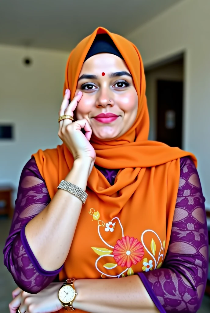 Hijab Indian curvy young female white fair skintone wearing sleepwear kurtis and hijab scarf in kerala kitchen Realistic image. body figure looks like actress nithya menon.big breast. No carpet. No indoor plants. Front view. Wearing hijab scarf