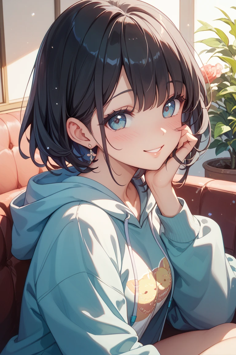 (masterpiece, best quality, ultra-detailed, highres, 4k),(beautiful detailed eyes),(very detailed face),(1girl),HDR,long hair, shorts, phone, brown eyes, brown hair, cellphone, bracelet, tank top, jewelry, watch, lips, solo focus, nail polish, blurry background, smile, wristwatch, realistic, blurry, looking at viewer