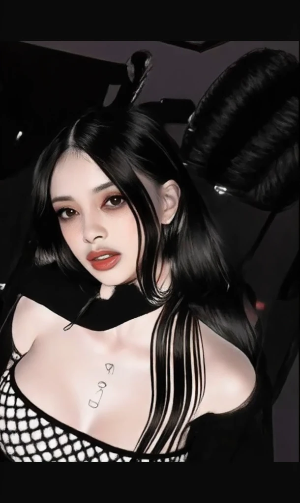a Korean MILF with big firm and soft rounded breasts and a big firm and soft peach shaped ass she has long straight black hair and light brown eyes she wears black lipstick and black eyeliner she has a gothic style and is very beautiful