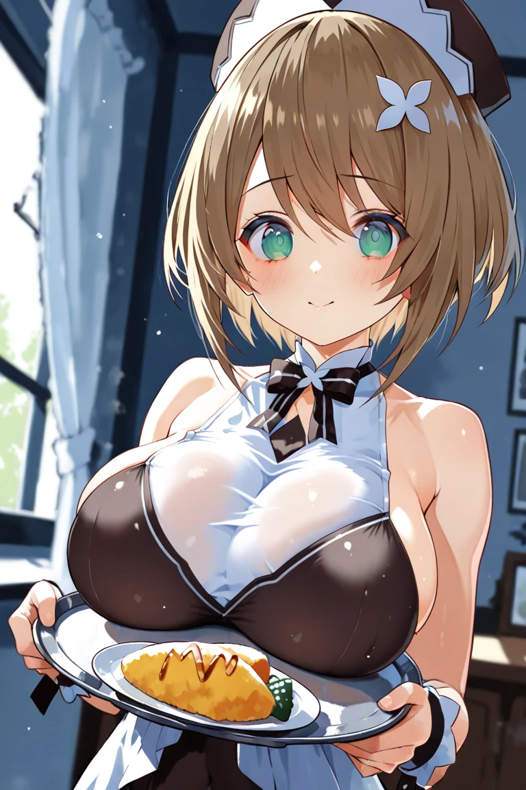 courage, 1girl, solo, long_hair, breasts, looking_at_viewer, blush, smile, short_hair, open_mouth, blonde_hair, large_breasts, indoor, bare_shoulders, medium_breasts, green_eyes, white_shirt, upper_body, :d, sleeveless, blunt_bangs, medium_hair, gradient, gradient_background, sleeveless_shirt