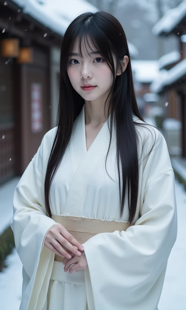 A beautiful snow woman (Yuki Onna) standing in a snowy mountain landscape. She has long black hair, white skin, and wears a traditional white kimono. The scene is cold and serene, with snowflakes gently falling around her. The background is a winter forest covered in snow.
