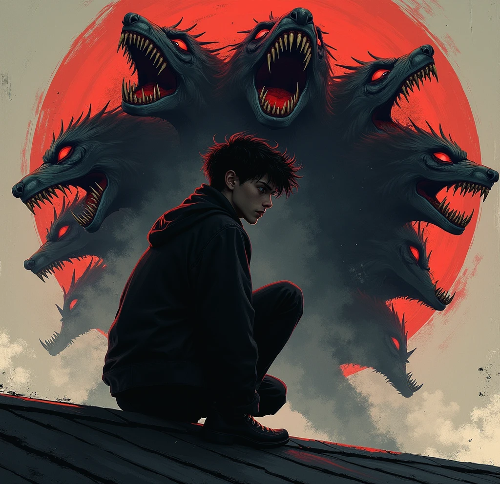 Huge red moon, dim city, a man kneeling on the ground, holding his head in his hands, painful, spikes growing on his back, surreal