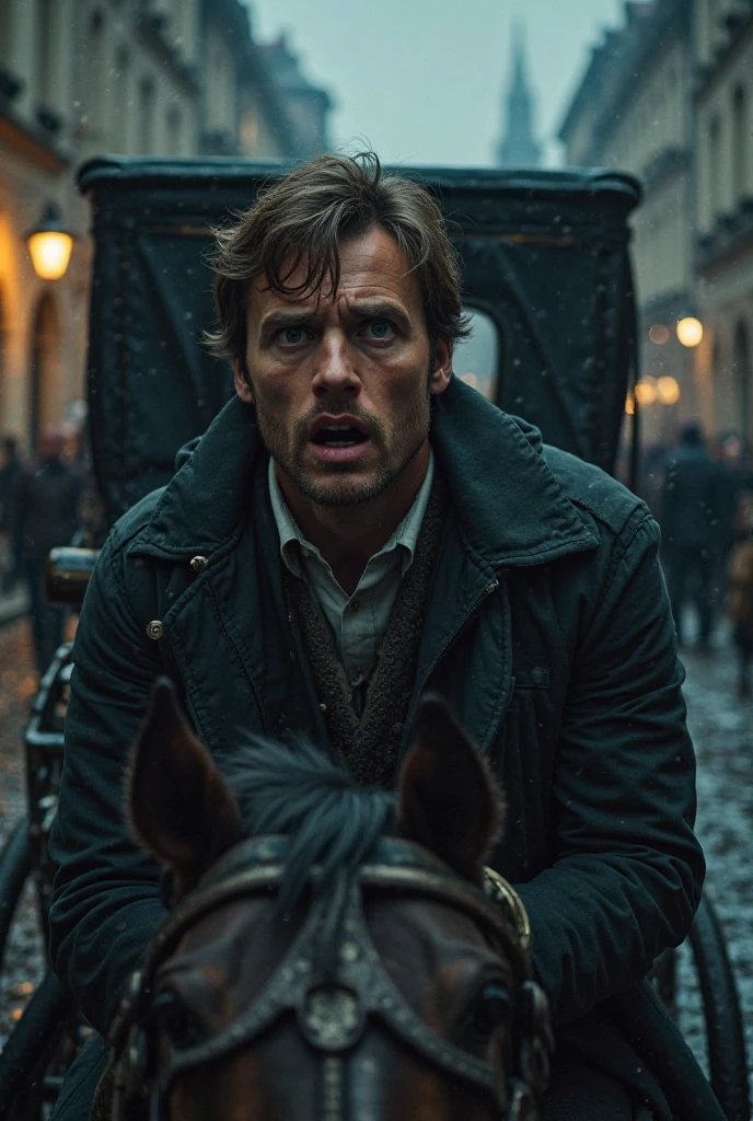 Jean Valjean running with Cosette in his arms, a 6 year old blonde and blue eyed girl. While they are followed by an inspector