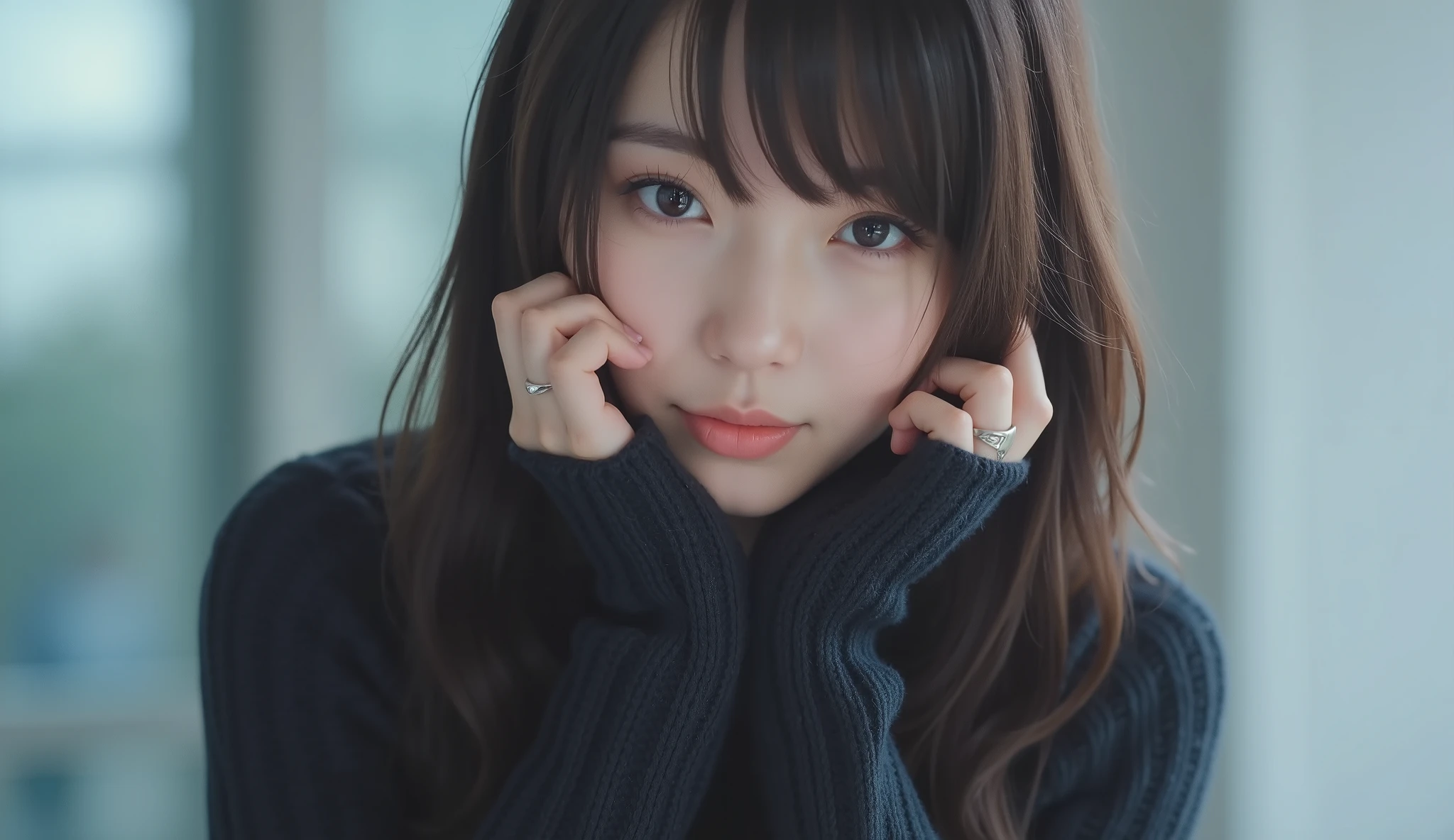 The face is positioned exactly in the center of the image , fully reflects the entire head , Face clearly visible、 black sweater, Hospital room, long hair、bangs, smile, young and cute japanese face , official art, high image quality CG Unity 8k wallpaper,Ultra high image quality , very well detailed, high image quality , Film Grain , lens flare glow , top quality ,8k, as a portrait shot ,8k, viewer , masterpiece,top quality ,very well detailed, it's cute , sexy,very well detailedな,Detailwear Features ,beautiful, illustration of a woman with a penis , beautiful Japanese woman, ladies 1 , Tight Chest