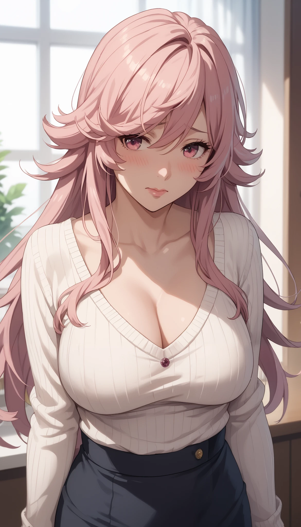 Solo girl, yayoi kusakabe,adult woman, housewife, pink hair, pink eyes, long hair, chest, white dress, open sweater, black skirt, milf, embarrassed, soft light, very detailed, top quality,A look of shame on his face,
