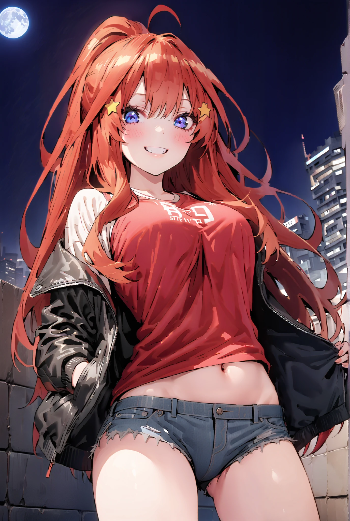 score_9, score_8_up, score_7_up, source_anime, 中野美moon, long hair, blue eyes, hair ornament, red hair, glass, stupid hair,star ( symbol ),ponytail, star hair ornament,smile, grin ,, Big Breasts,Riders Jacket,Red Tank Top,under boob,belly button stick,denim micro shorts,Bare legs,boots,I have my hands in my jacket pockets,clothed,clothed,Nōn,night,moon,angle from below,full bodyがイラストに入るように,break outdoors,City,
break looking at viewer,full body,
break (masterpiece:1.2),top quality , kampala, Unity 8K Wallpaper ,(shape:0.8),( fine, beautiful eyes :1.6),It's a person ,full body写真,CG Details , (perfect hands,complete anatomy),