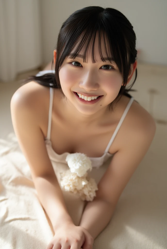 Highest quality, masterpiece, Ultra-high resolution, (Realistic:1.4), RAW Photos, 8K, One Girl, 12 years old, Most popular Japanese idols, Very cute face like the most famous Japanese idol, Very beautiful big eyes like a famous Japanese idol, Very beautiful shortcuts, extremely beautiful body like Most popular Japanese idols, Very beautiful skin, Very beautiful thighs, View your viewers、(((Completely naked)))、(((smile)))、(((barefoot)))、(((whole body))).(((Pussy)))、(((Spread your legs wide)))、(((Sweat)))、(((Grab your knees))), (((Panoramic vagina)))、(((Underarm)))