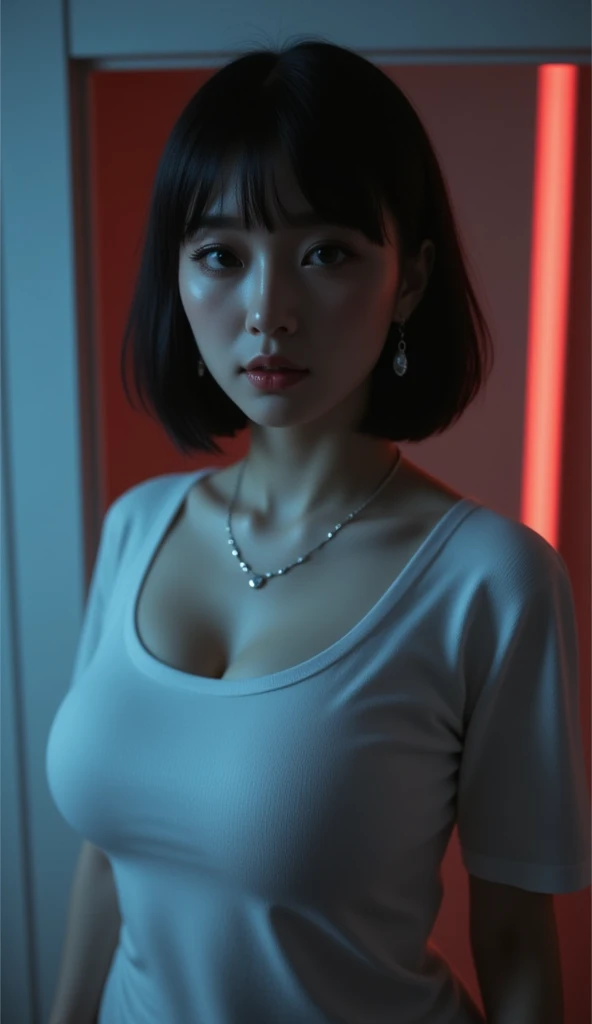 ((masterpiece), (best quality), ultra high res, (raw photo:1.2), (photorealistic:1.4), Exceptional detail, dramatic lighting, highres, 8k, absurdres, cowboy shot, tank top, see-through, black hair, large breasts, narrow waist, earrings, necklaces,
,<lora:AAG-baerasoni2:0.35> , different pose, different environment